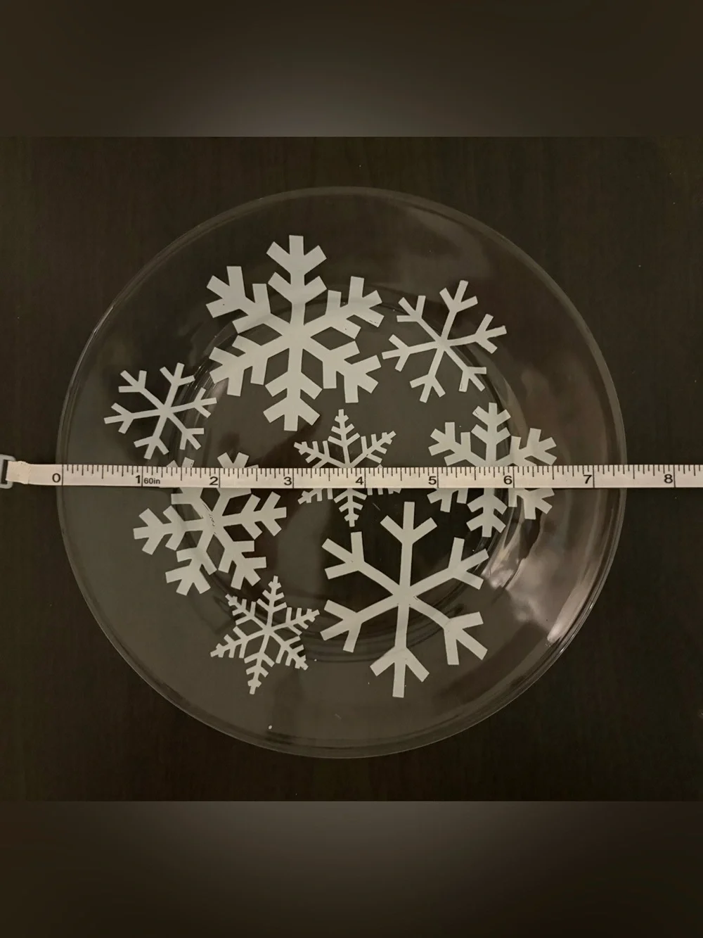 Crate&Barrel Clear Glass Mug and Dessert Plate Set with White Snowflake Motif